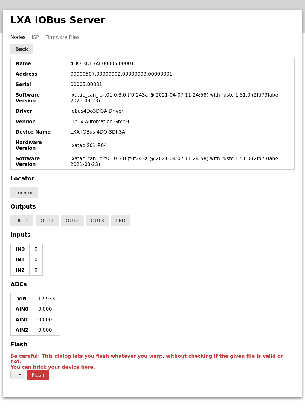 IOBus Server Webinterface - Node controls